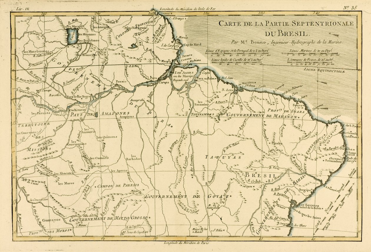 ブラジル北部、ギヨーム・レイナル著「地球のすべての既知の部分の地図」（1713-96）から、JLペレット、ジュネーブ、1780年 作： チャールズ・マリー・リゴバート・ボン