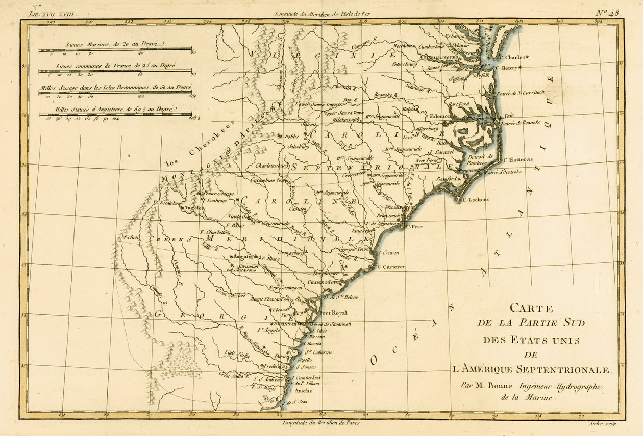 アメリカ南東海岸、ギヨーム・レイナル著「地球のすべての既知の部分の地図」（1713-96）から、JLペレット、ジュネーブ、1780年（カラー彫刻） 作： チャールズ・マリー・リゴバート・ボン