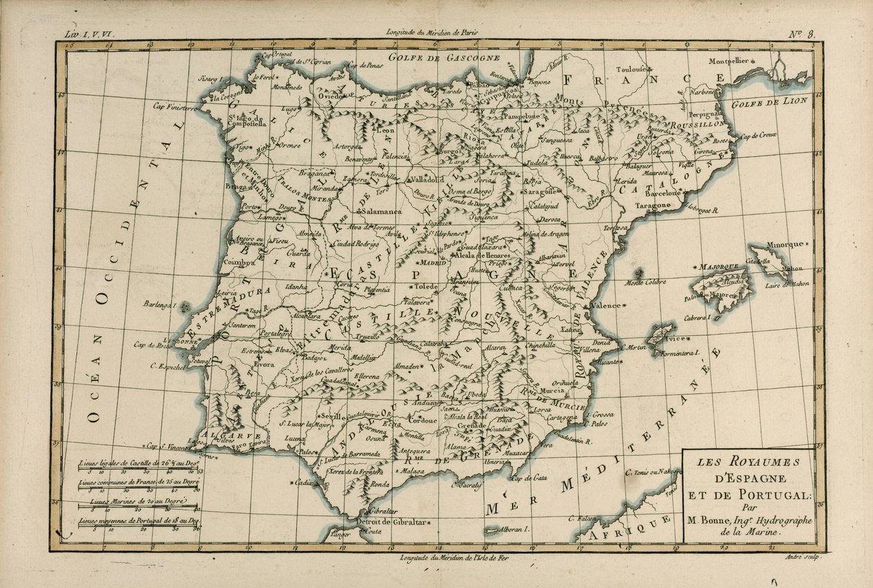 スペインとポルトガル、ギヨーム・レイナル（1713-96）による「地球のすべての既知の部分の地図」から、1780年にジュネーブで出版 作： チャールズ・マリー・リゴバート・ボン