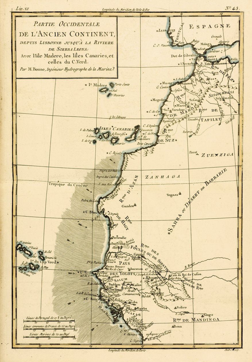 リスボンからシエラレオネまで、アフリカの西海岸、ギヨームレイナル（1713-96）による「地球のすべての既知の部分の地図」から、1780年にジュネーブで出版 作： チャールズ・マリー・リゴバート・ボン
