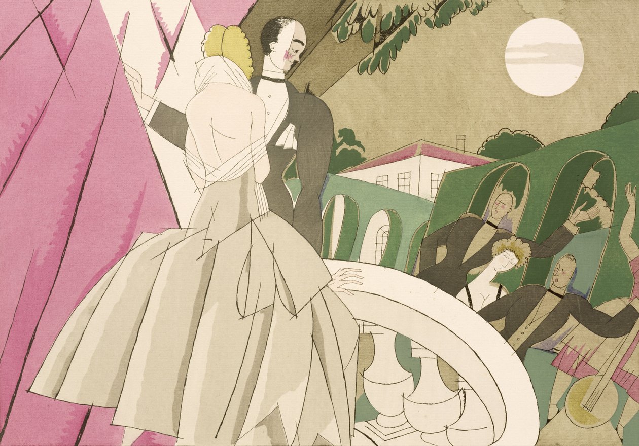 バルコニーでの夜の結婚式、1920年頃（紙にステンシル） 作： チャールズ・マーティン