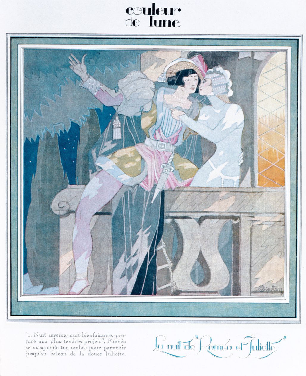 バルコニーシーンのロミオとジュリエット、1929年12月の雑誌「Femina」からのイラスト 作： チャールズ・マーティン