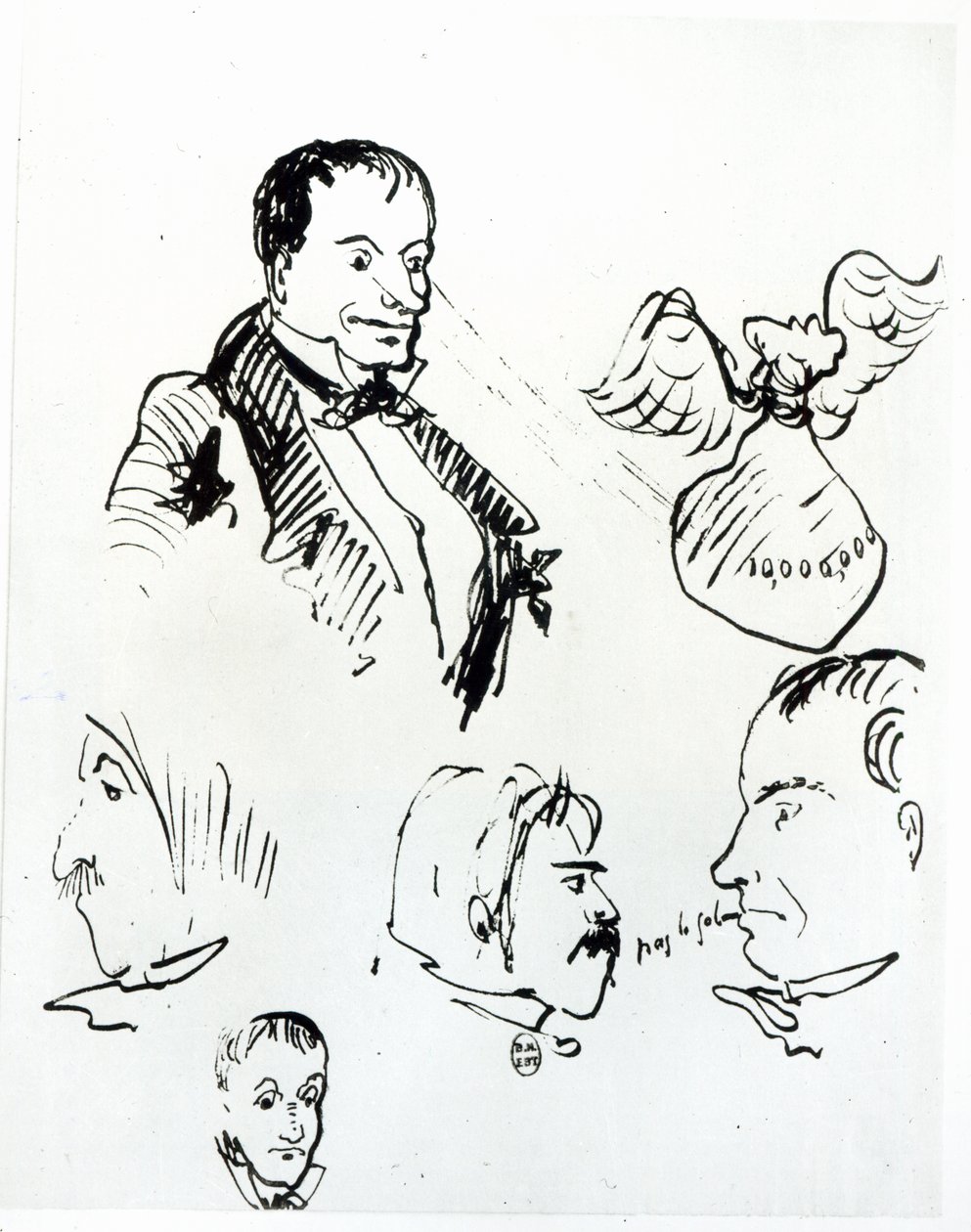Jules Champfleury（1821-89）とCharles Asselineau（1820-74）c.1857-58の3つの自画像とプロフィール 作： シャルル・ピエール・ボードレール