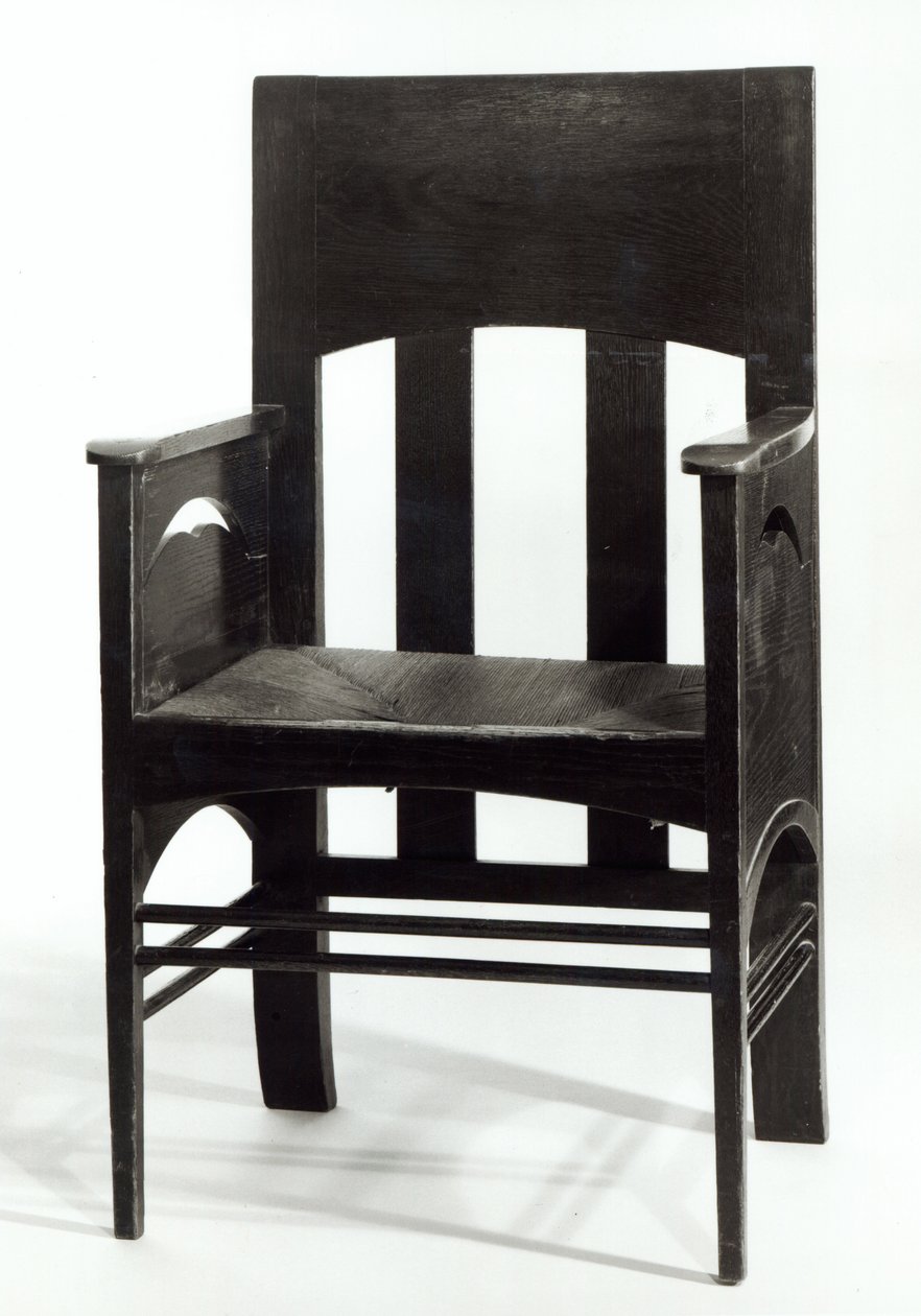 アームチェア、c.1897（ラッシュシートとピアスを施したサイドパネルを備えたダークステインオーク） 作： チャールズレニーマッキントッシュ