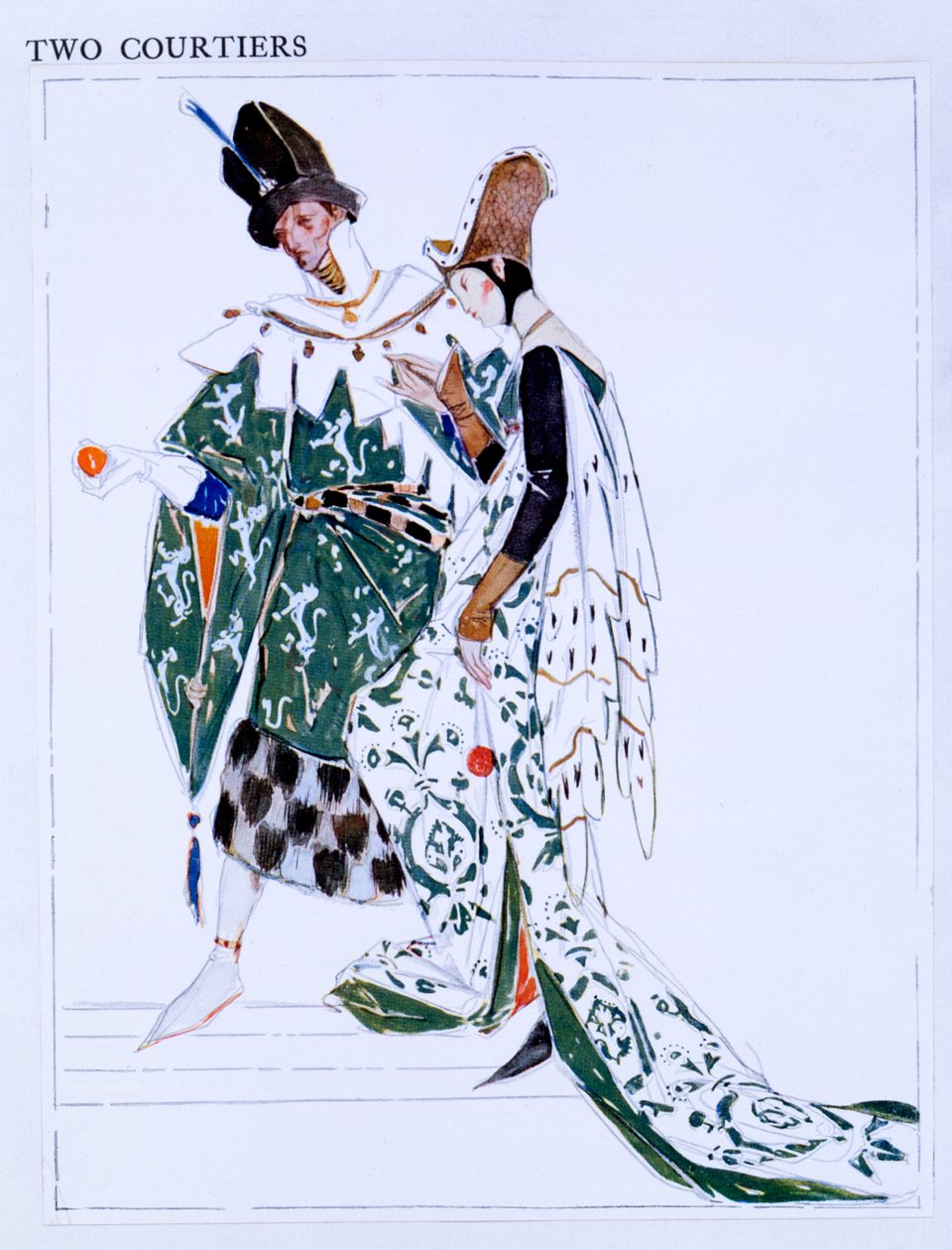 二人の廷臣の衣装デザイン、ジョージバーナードショー作「セントジョーン」のキャラクター、c.1924（紙と鉛筆） 作： チャールズ・リケッツ