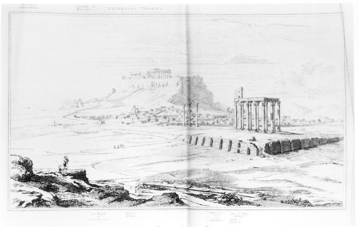 1821年に発表されたウィリアムリーク（1777-1860）の「トポグラフィーオブアテネ」による、イリソスの左岸からのアテネアクロポリスの南側ビュー 作： チャールズ・ロバート・コッカレル
