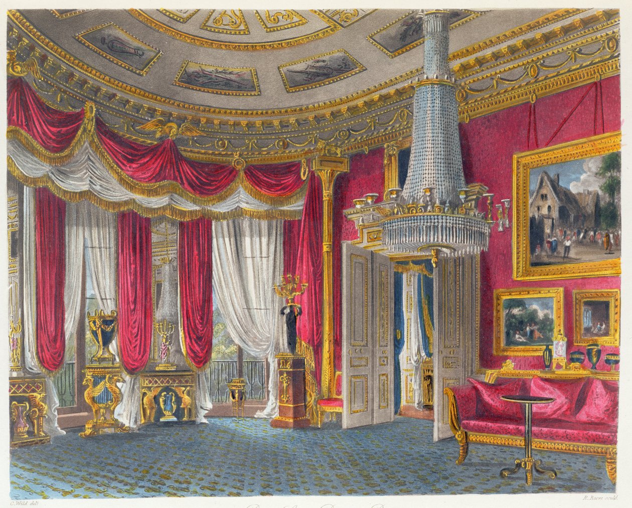 ウィリアムヘンリーパイン（1769-1843）の「ロイヤルレジデンスの歴史」から出版されたR.リーブ（fl.1811-37）によって刻まれた、南西向きのローズサテンの応接室、カールトンハウス。 1819（アクアチント） 作： チャールズ・ワイルド