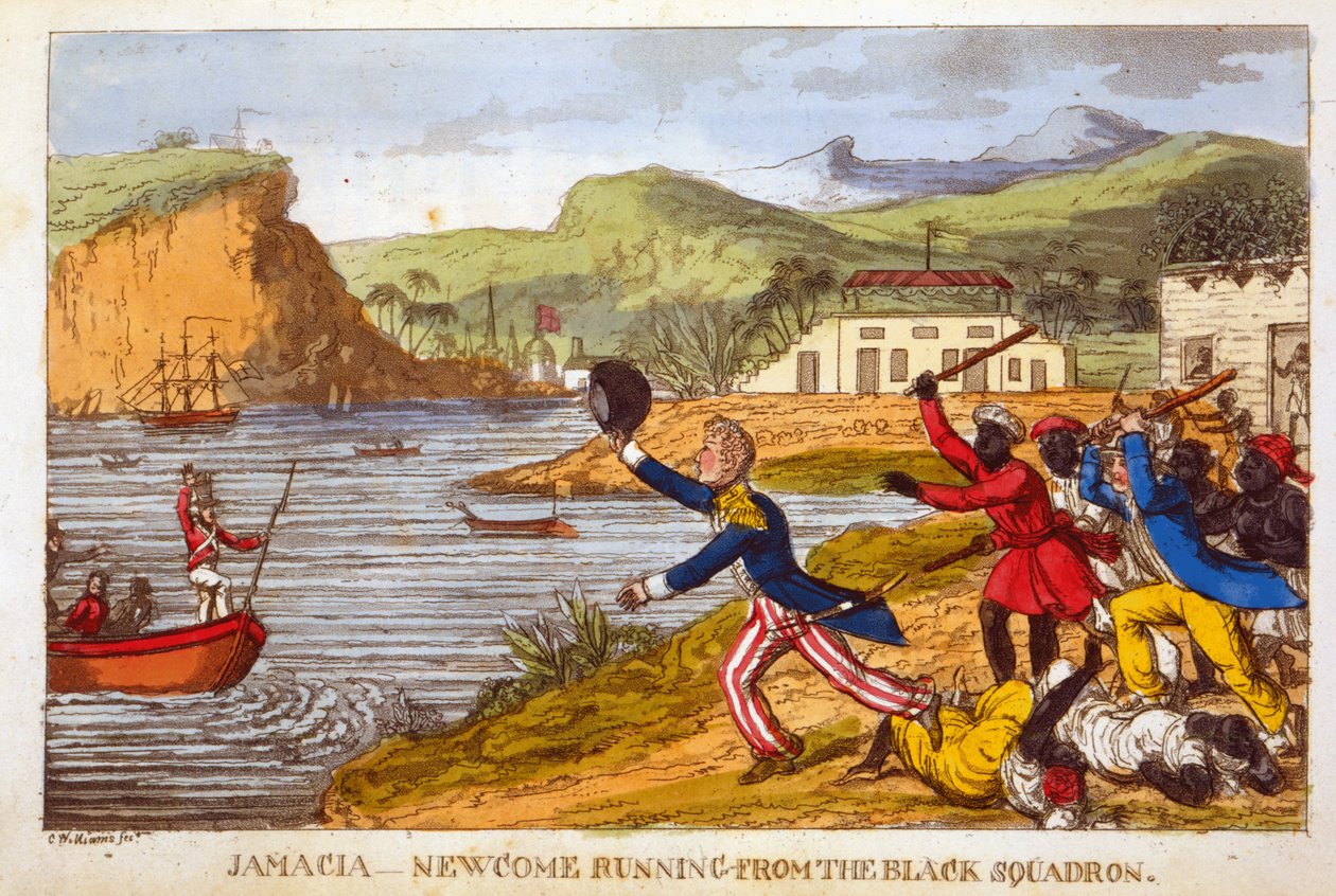 ジョン・ミットフォード（1782-1831）による「海軍のジョニー・ニューカムの冒険」のプレート、「ブラック・スクアドロンから走るニューカム」（アクアチント色） 作： チャールズ・ウィリアムズ