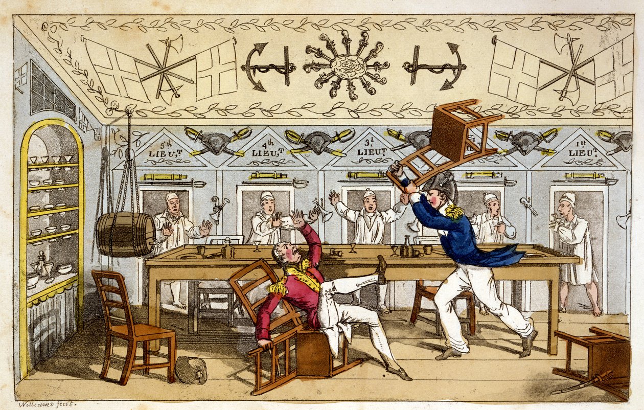 The Ward Room：Newcome and Capt。Clackett、from the The Adventures of Johnny Newcome in the Navy &39;、John Mitford、1818（hand-colored aquatint） 作： チャールズ・ウィリアムズ