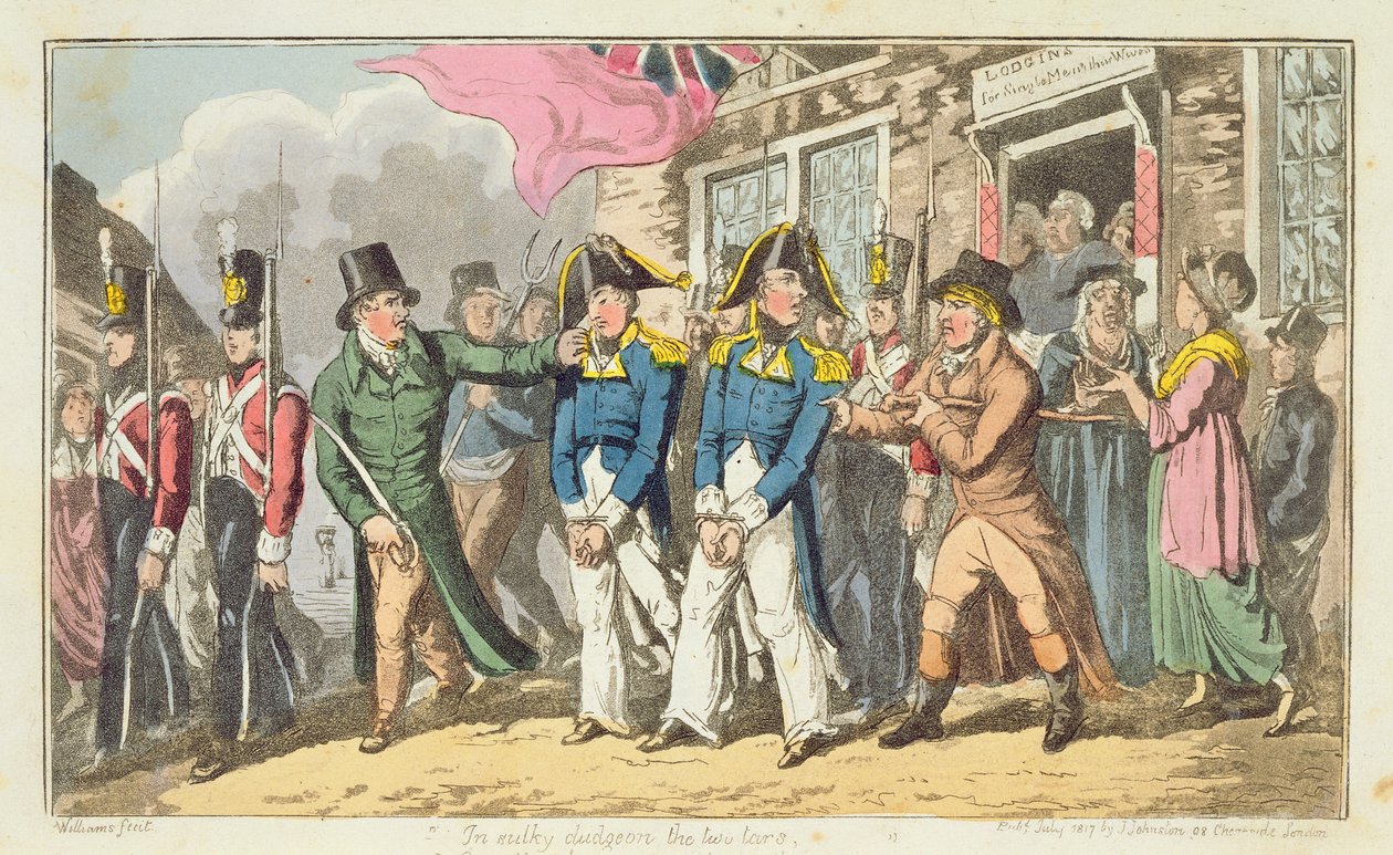 刑務所に送られる2人の海軍将校、ジョン・ミットフォード（1782-1831）1818による「海軍のジョニーニューカムの冒険」のプレート 作： チャールズ・ウィリアムズ