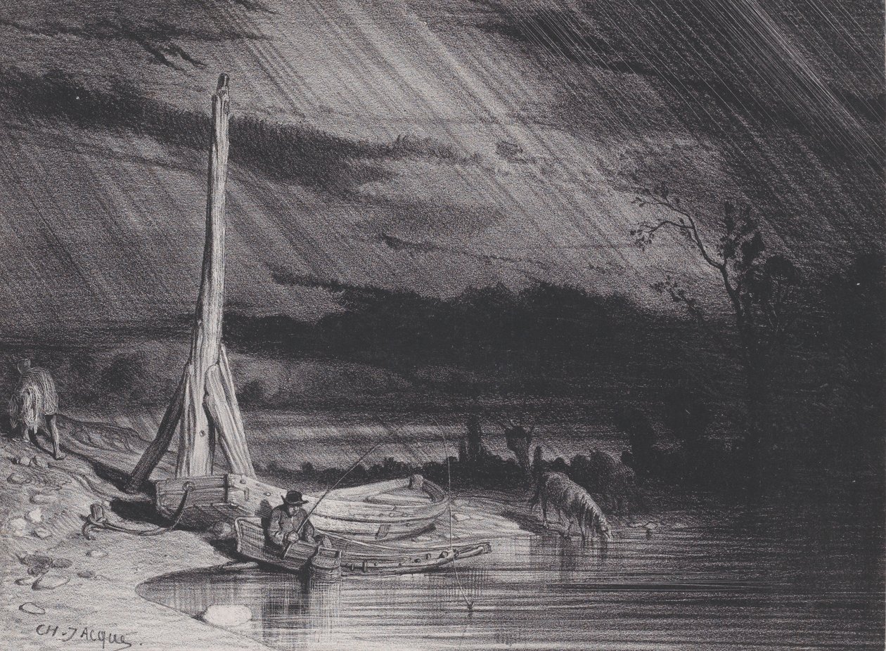 漁師、雨の天気、カリフォルニア州。 1853年。 作： チャールズ・エミール・ジャック