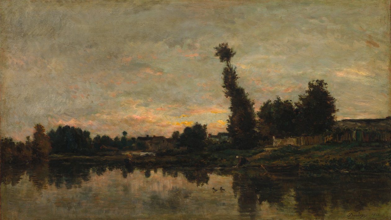 オワーズ川に沈む夕日、1866年。 作： チャールズ・フランソワ・ドービニー