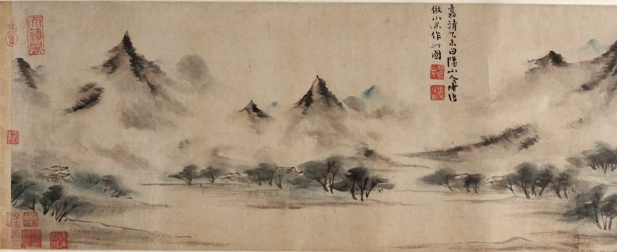 曇った山々、明朝のスタイルで、明朝、1535年（紙にインクと色） 作： 陳俊