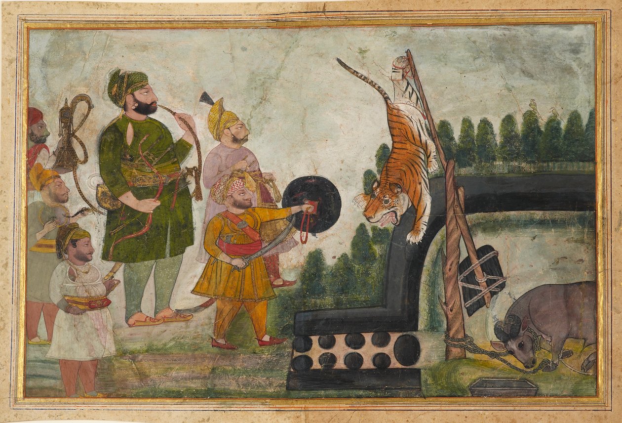 Rawat Gokul Das は、1810-1815 年に閉じ込められた虎を検査します。 作： チョカ