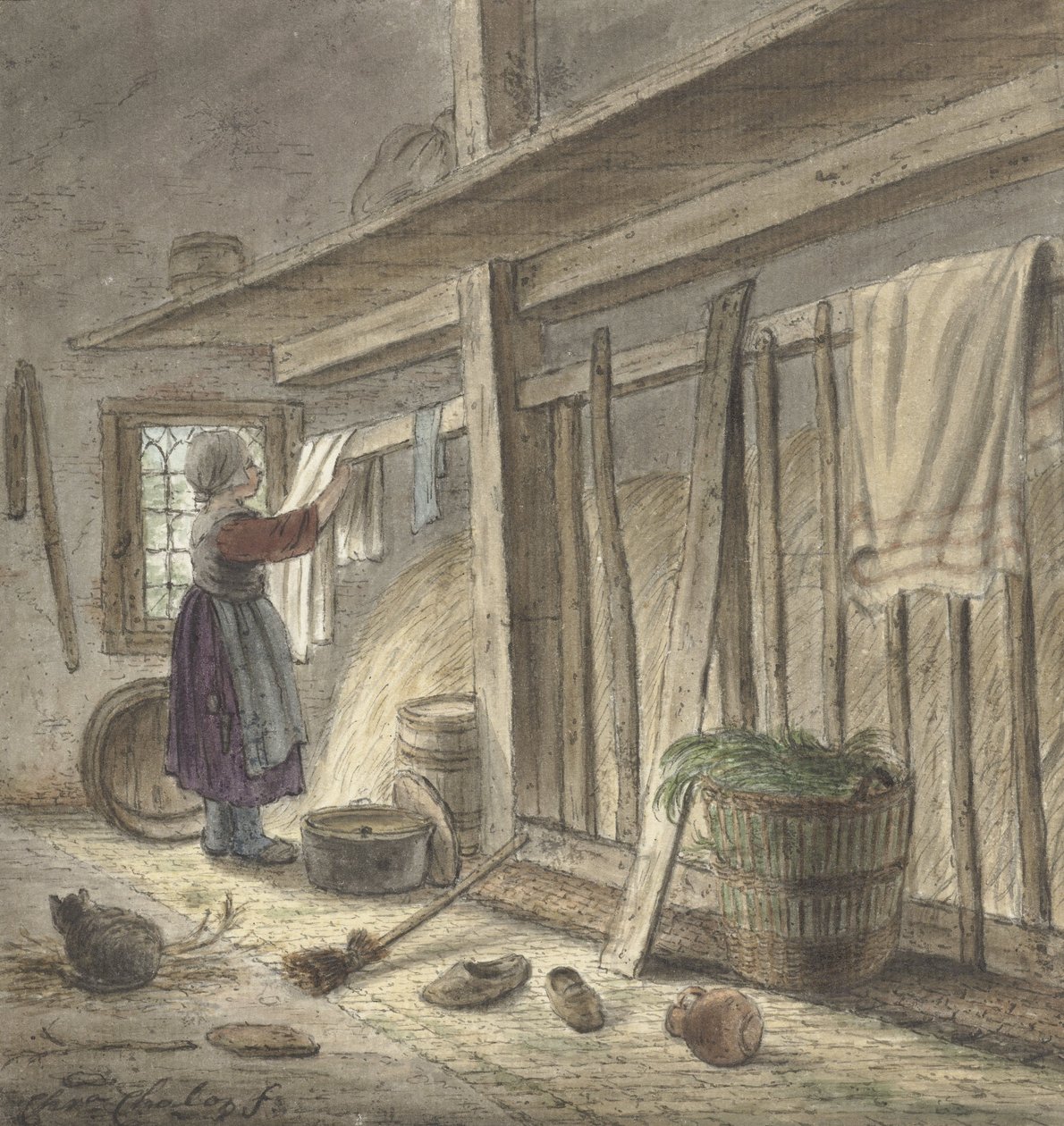 クリスチナシャロン作の布（1772年）を掛ける少女のいる厩舎の隅 作： クリスティーナ・シャロン