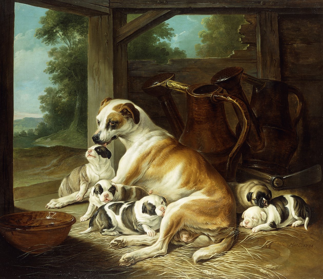 子犬を持つ母親、1734 作： クリストフ・ウエト