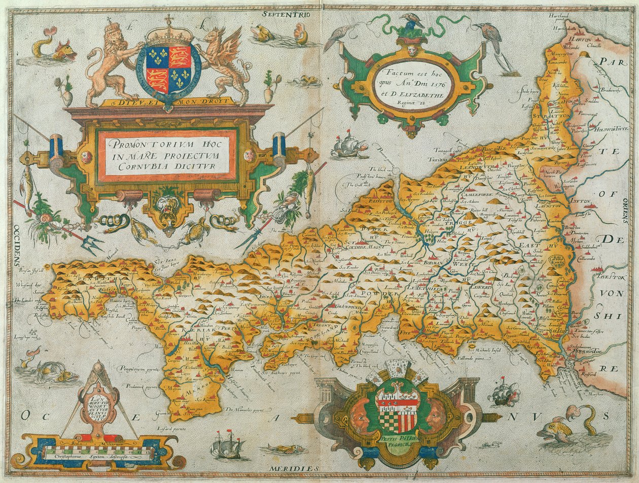 コーンウォール郡の地図、1579年（手描きの彫刻） 作： クリストファー・サクストン