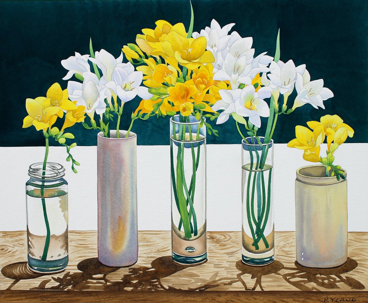 静物画Freesias（紙に水彩） 作： クリストファー・ライランド