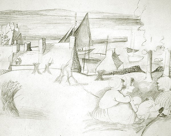 ブルトン島の漁村、1929-30年頃（紙に鉛筆） 作： クリストファーウッド