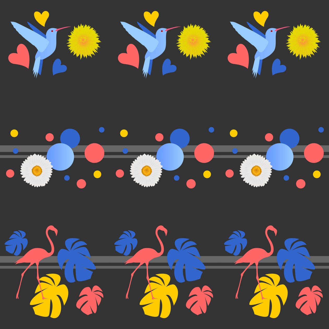 鳥、花、スポット、ストライプ 作： クレア・ハントリー