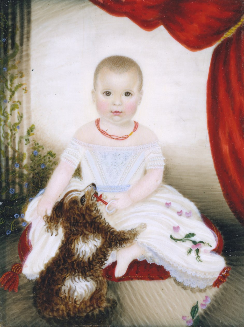 ガラガラと犬を連れた赤ちゃん 1842年 作： クラリッサ・ピーターズ
