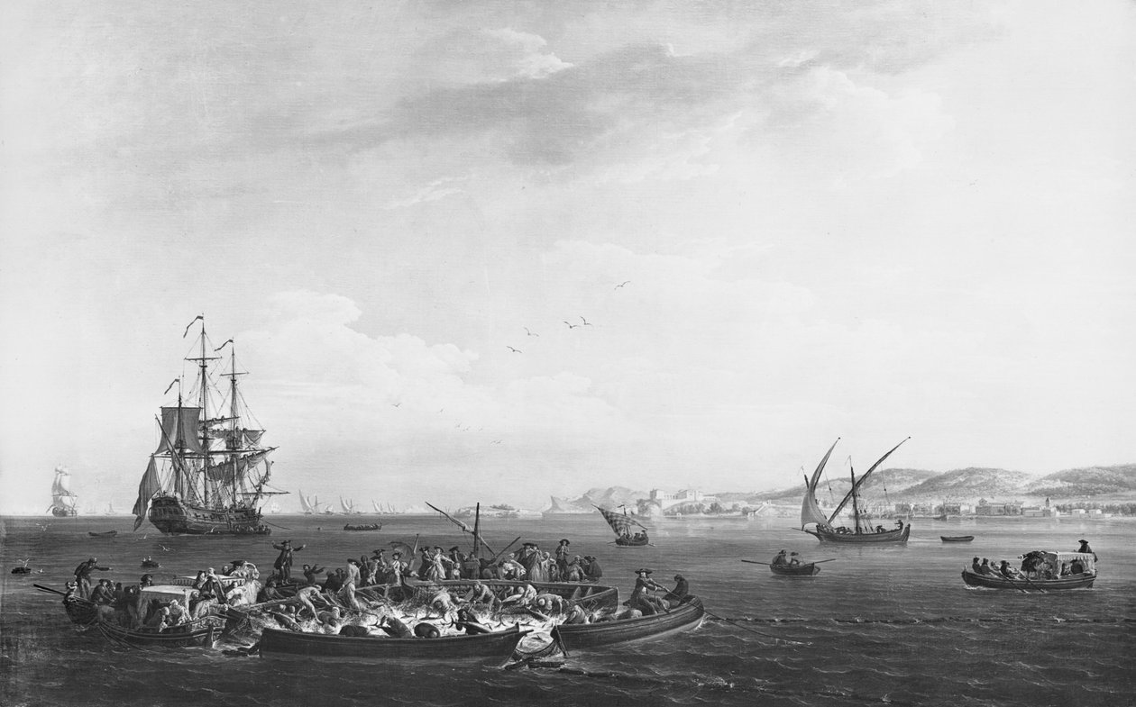 「ラマドラグ」またはマグロ釣り、バンドール湾の眺め、1755 作： クロード・ジョセフ・ヴェルネ