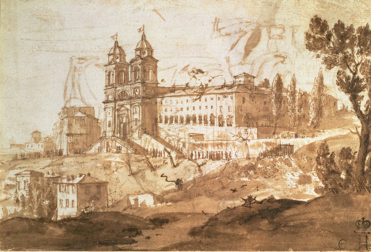 ローマのS. Trinita dei Monti教会の眺め、1632年頃（ペンとインク、茶色のウォッシュ） 作： クロード・ロラン