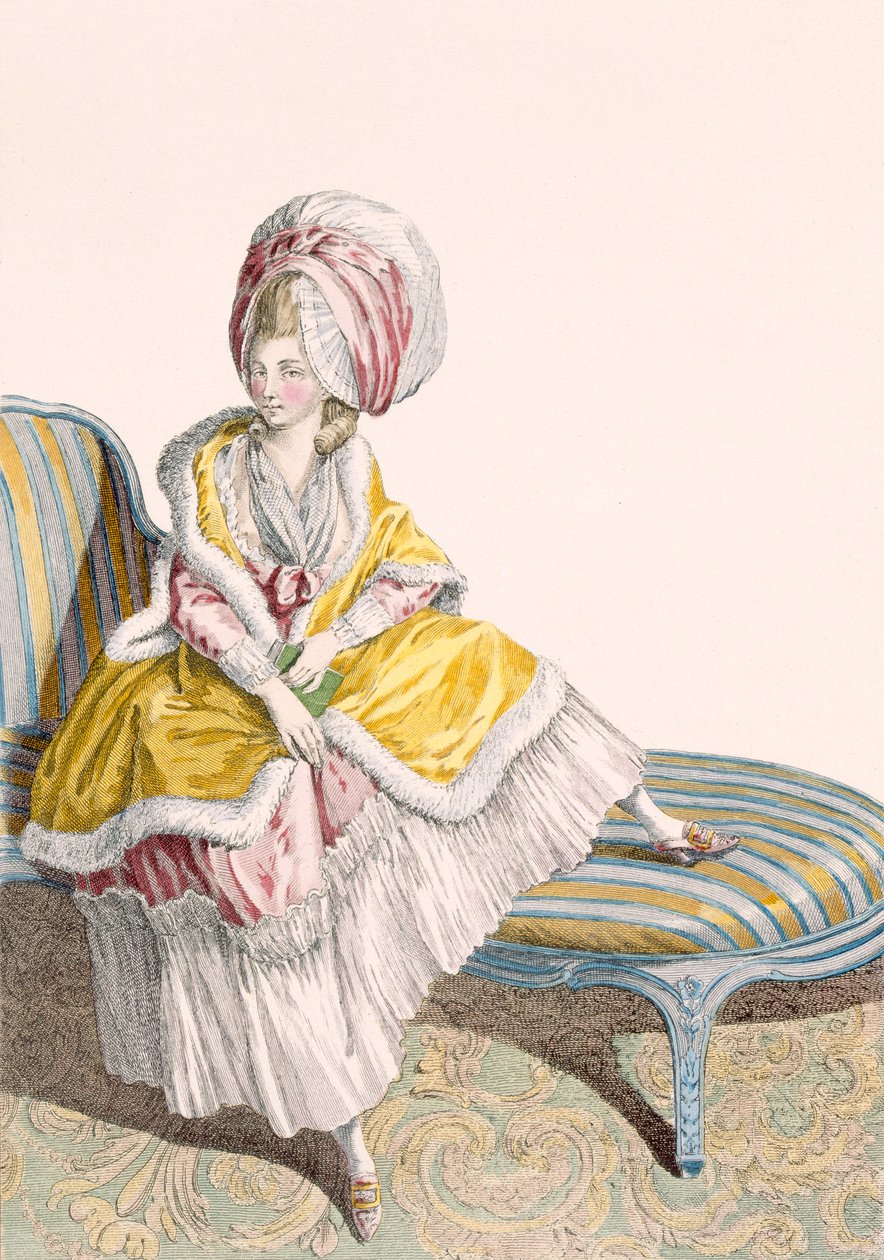 デュパンが刻印したレモンとピンクのモーニングガウンの女性、「Galeries des Modes et Costumes Francais」c.1778-87のプレート番号55 作： クロード・ルイス・デスレイ