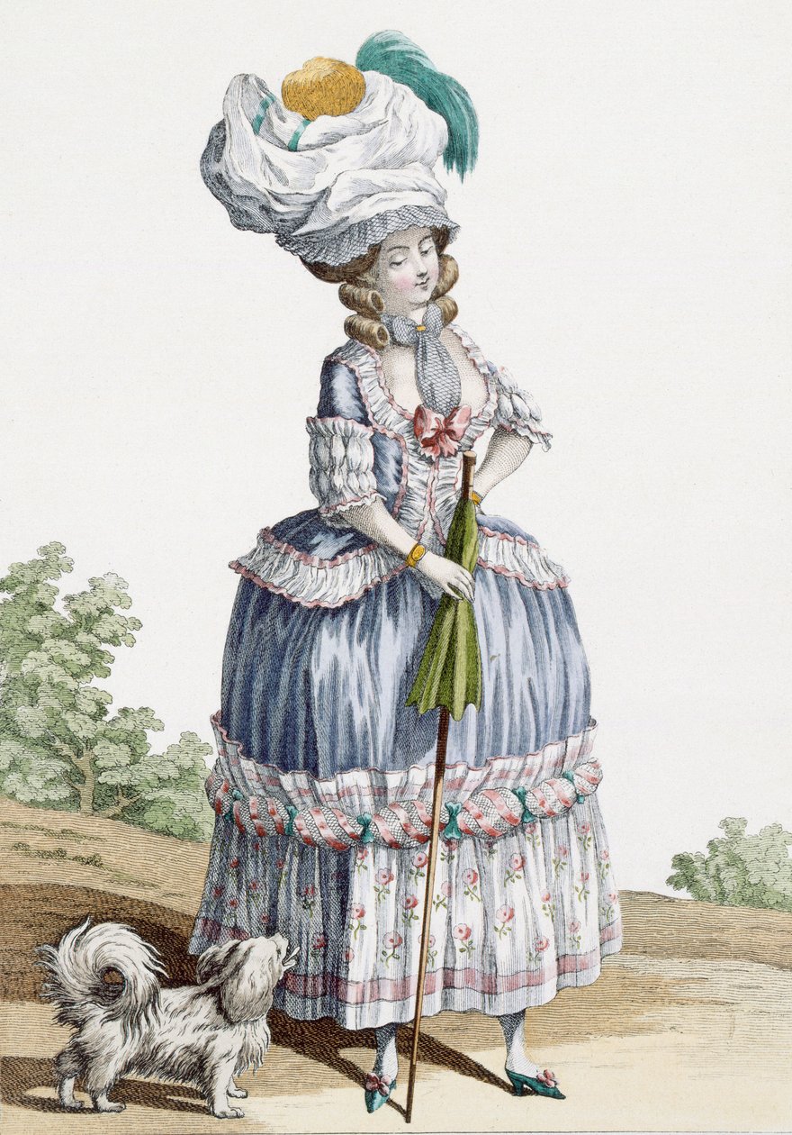 Voysardによって刻まれた彼女の犬を散歩する女性、「Galeries des Modes et Costumes Francais」c.1778-87 99：衣類。伝統的なドレス;伝統的な衣装;ファッション;光る 作： クロード・ルイス・デスレイ