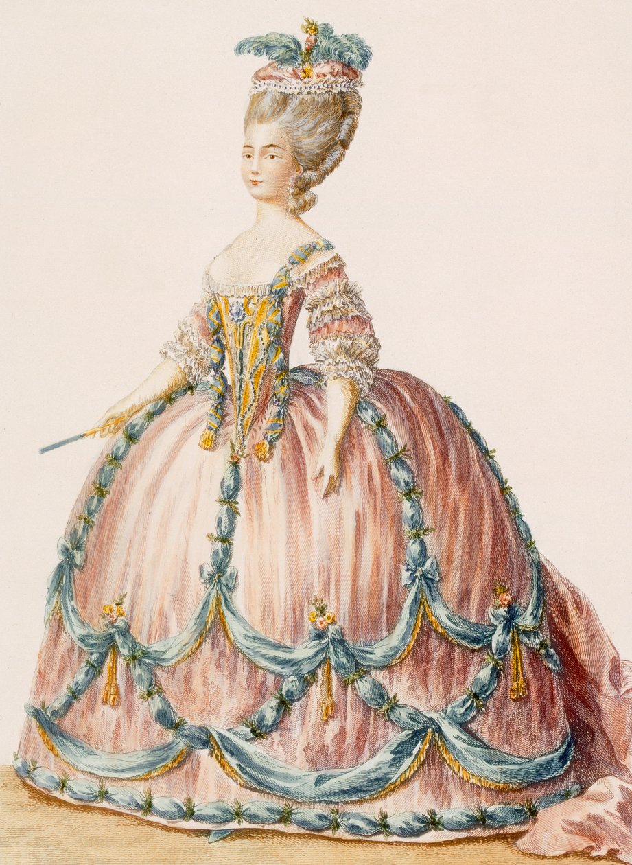 「Galeries des Modes et Costumes Francais」c.1778-87からDenyが刻印した王室の婦人用ガウン 作： クロード・ルイス・デスレイ