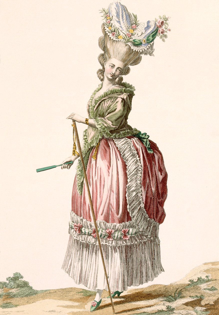 デュパンが刻印した地方風のレディースウォーキングガウン、「Galeries des Modes et Costumes Francais」のプレートno.17、c.1778-87 作： クロード・ルイス・デスレイ