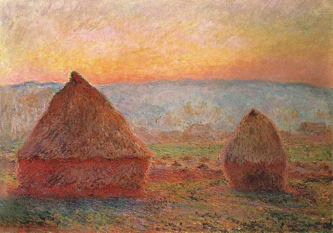 Les Meules a Giverny、夕日 作： クロード・モネ