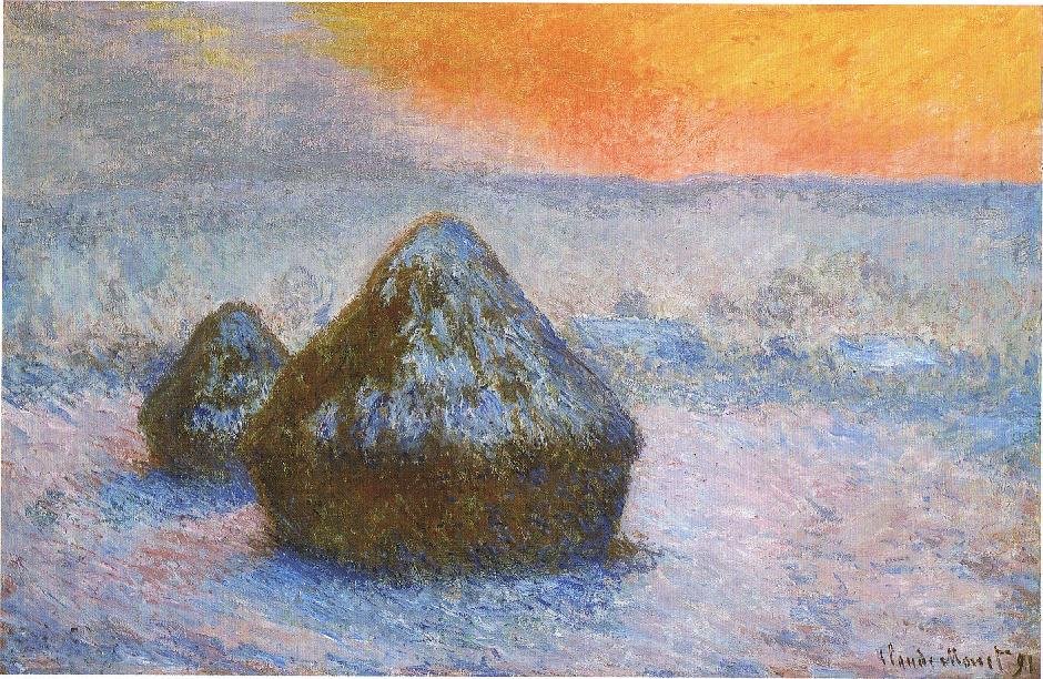 小麦の夕日、雪の効果のスタック 作： クロード・モネ