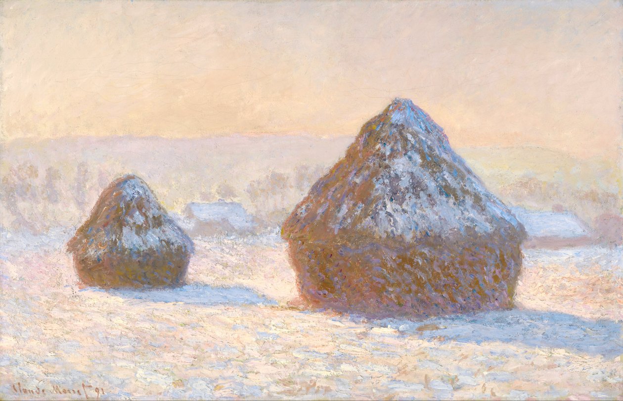 小麦の山、雪の影響、朝 作： クロード・モネ