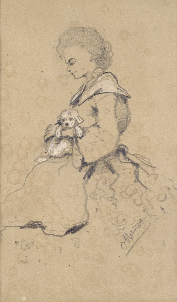 小型犬を抱く女性、1857年（紙に黒と白のチョーク） 作： クロード・モネ