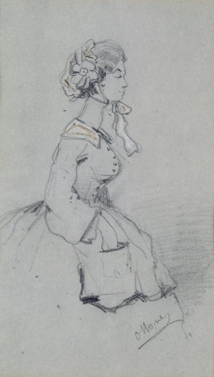 リボンを持つ若い女性、1857年（紙に木炭とパステル） 作： クロード・モネ