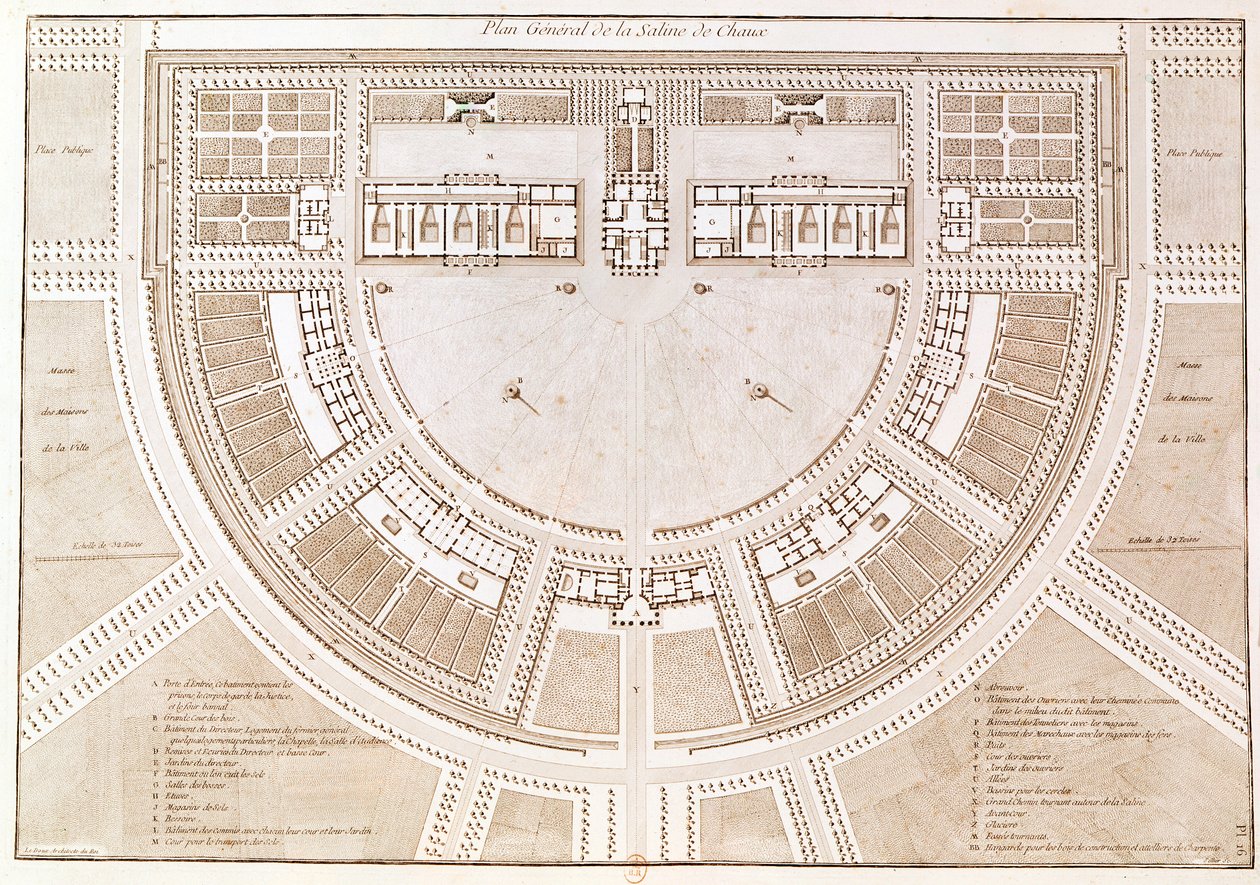 ルイセリエ（b.1757）によって彫刻されたショーの「理想的な都市」での塩作業の一般的な計画 作： クロード・ニコラ・ルドゥー