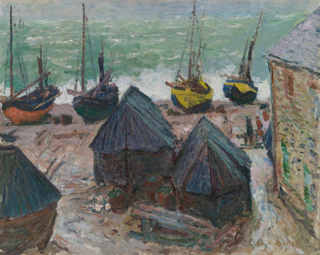 エトルタの浜辺のボート、1885 年。 作： クロード・モネ