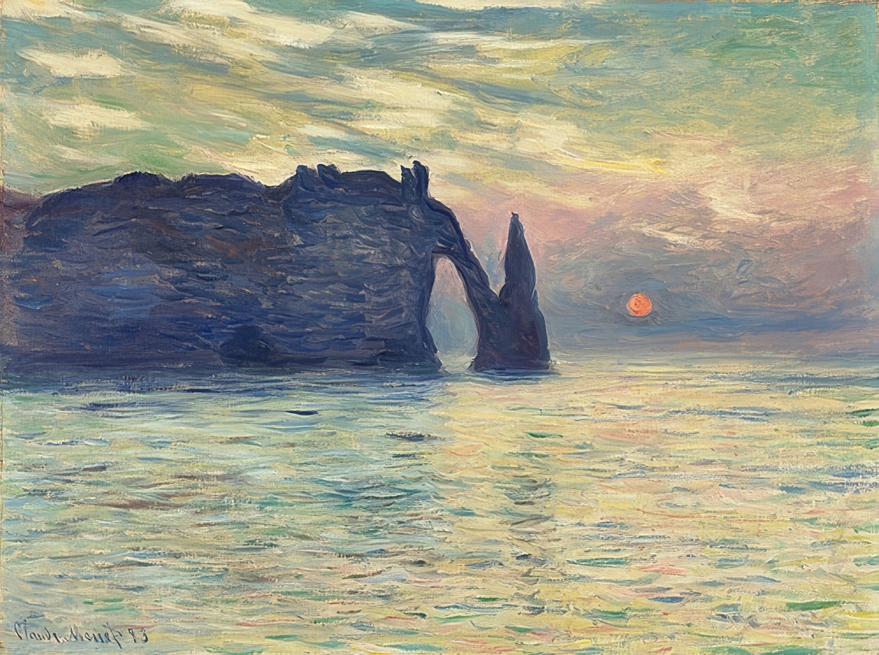 岩、エトルタ、日没。 1882-83 作： クロード・モネ