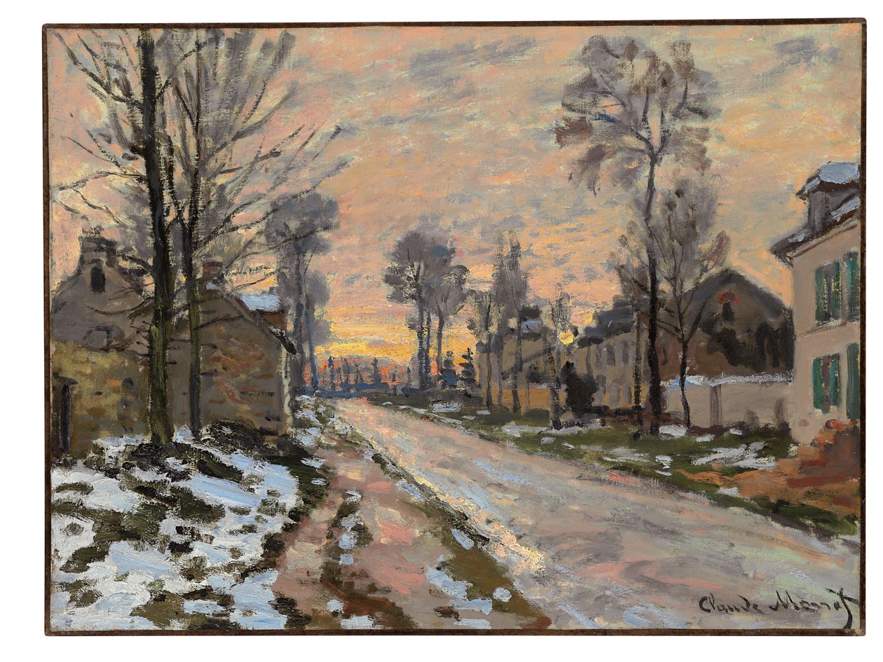 ルーベシエンヌへの道、融ける雪、夕日、c.1869-70 作： クロード・モネ
