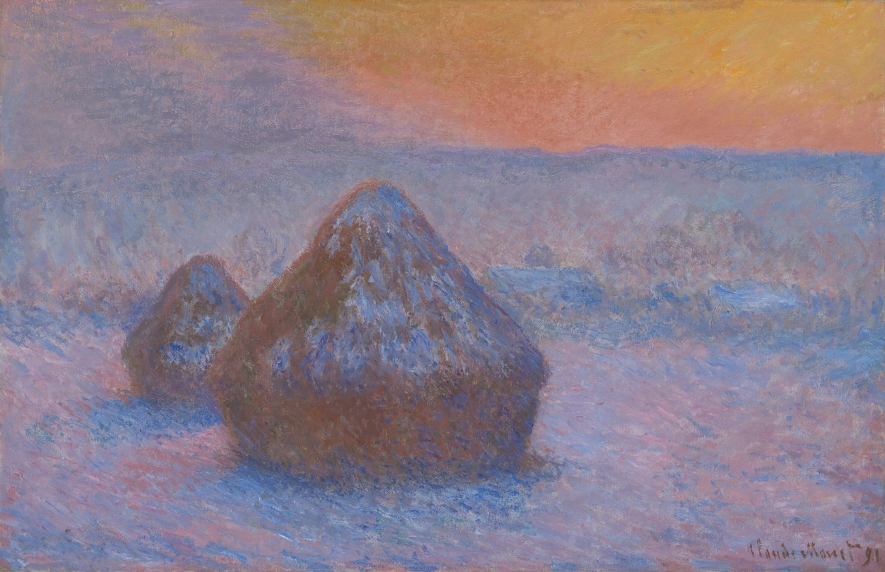 小麦の山 (夕焼け、雪の効果) 作： クロード・モネ