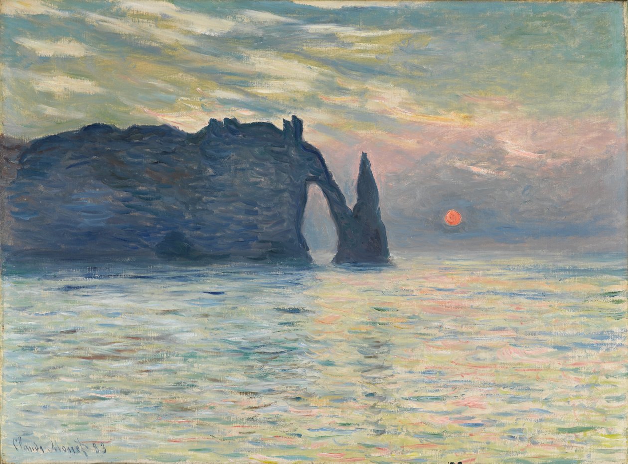 崖、エトルタ、日没、1882-1883 作： クロード・モネ