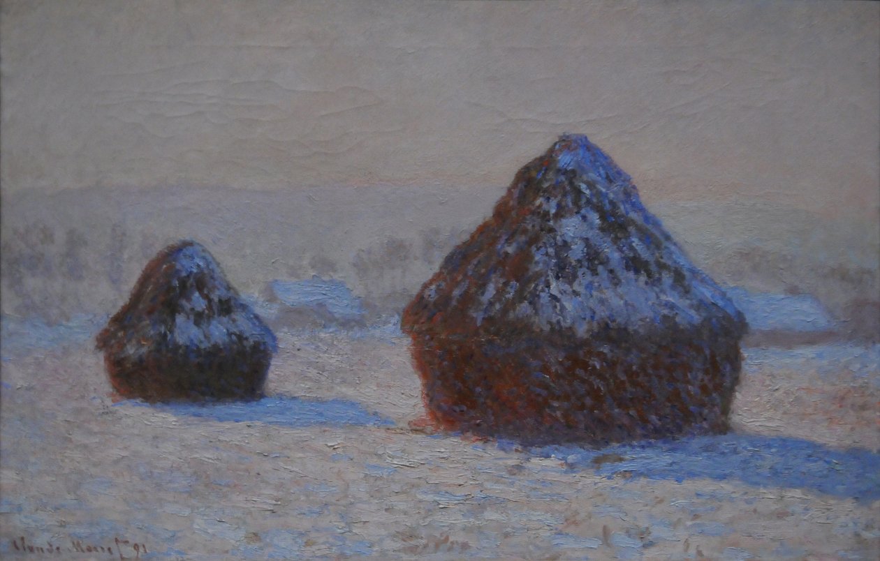 小麦の山、雪の影響、朝、1891 作： クロード・モネ
