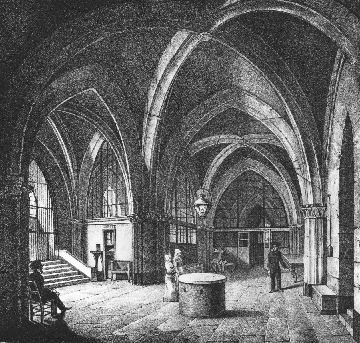 アルフォンスウルティ（1800-70）c.1831によって彫刻されたコンシェルジュリー刑務所のエントランスルームの内部ビュー 作： コラード