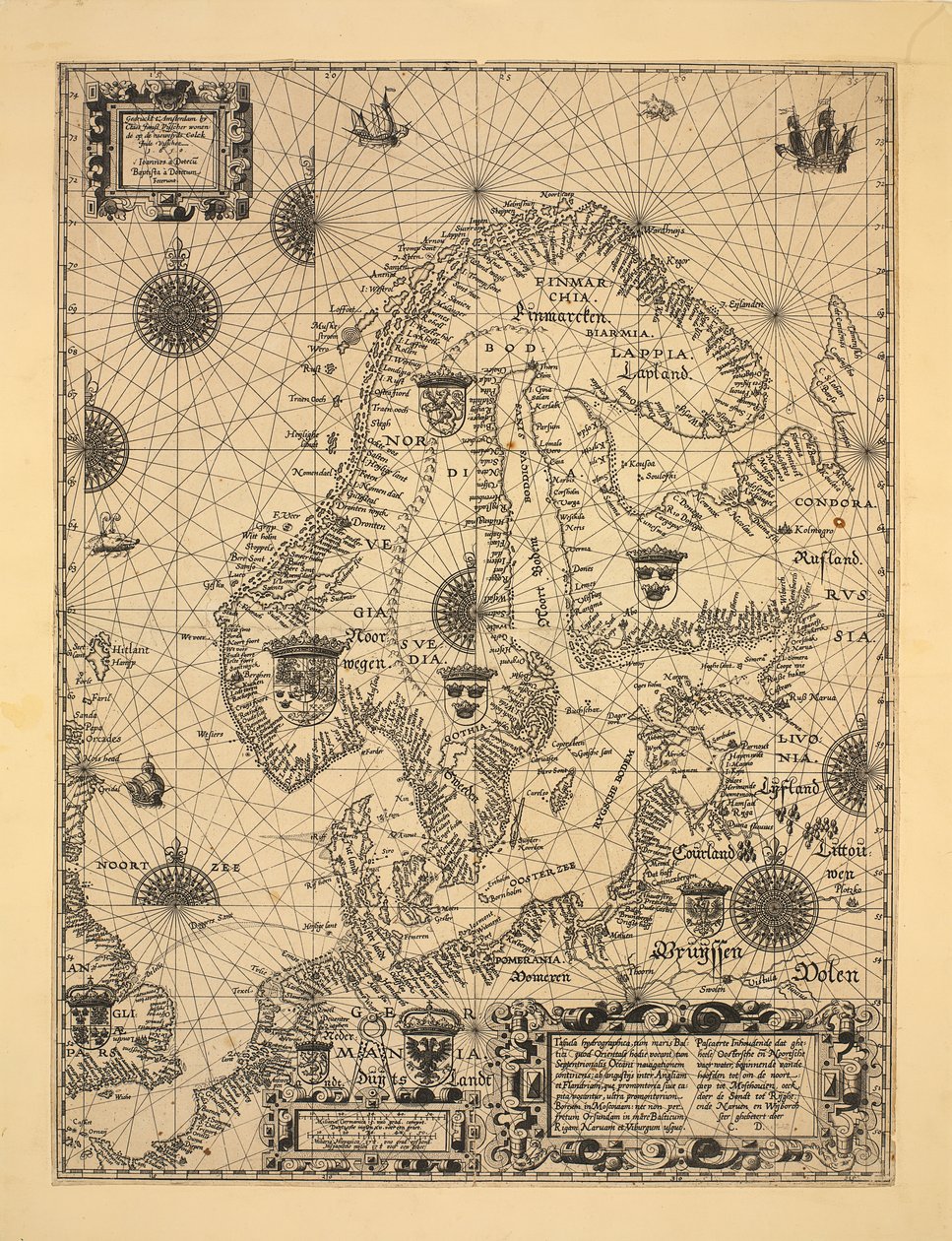 地図はアムステルダム（1610）で公開され、ノルウェー、スカンジナビアを示しています 作： コルネリス・ドッズ