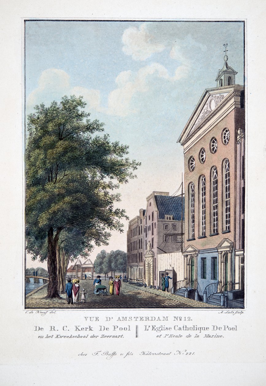 アムステルダムNo.12の眺め。 RC Kerk De Pool en het Kweekschool der Zeeraartから。デプールカトリック教会と海洋学校、1825年（手描きの彫刻） 作： コルネリス・デ・クライフ
