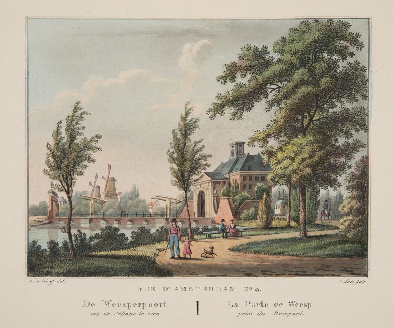 Vue d&39;Amsterdam No.4。 Weesperpoortが走ってSchansを見ました。ラポルトドウェスプ賞デュランパール、1825年（手描きの彫刻） 作： コルネリス・デ・クライフ