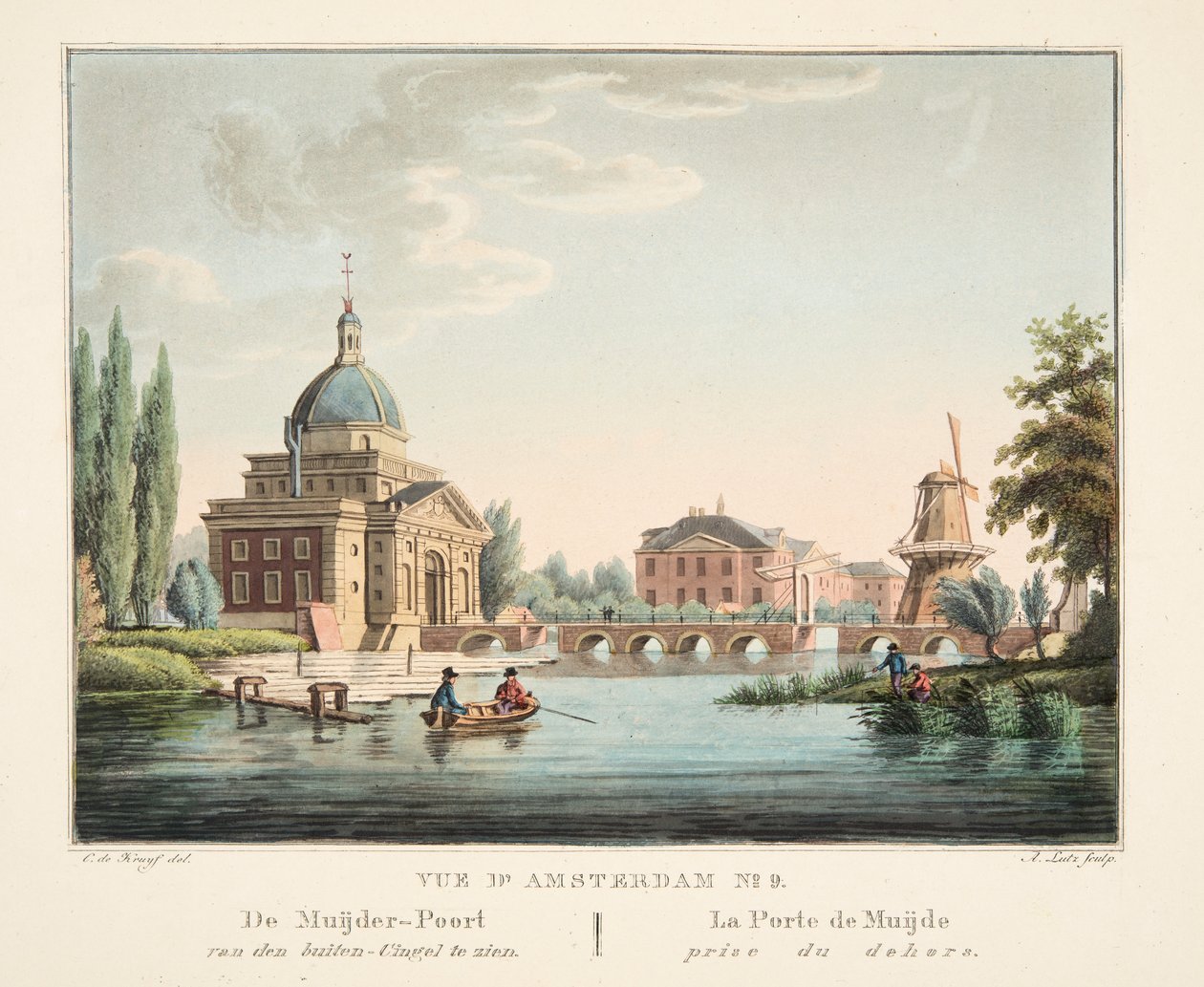 Vue d&39;Amsterdam No. 9。ムイデル門はシンゲルの外に見えます。 La Porte de Muijde賞du dehors、1825年（手描きの彫刻） 作： コルネリス・デ・クライフ