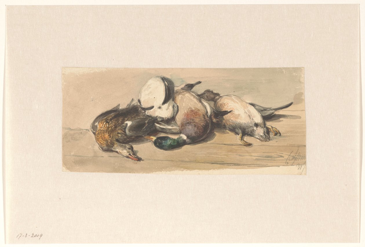 4羽のアヒルのある静物 作： Cornelis Springer