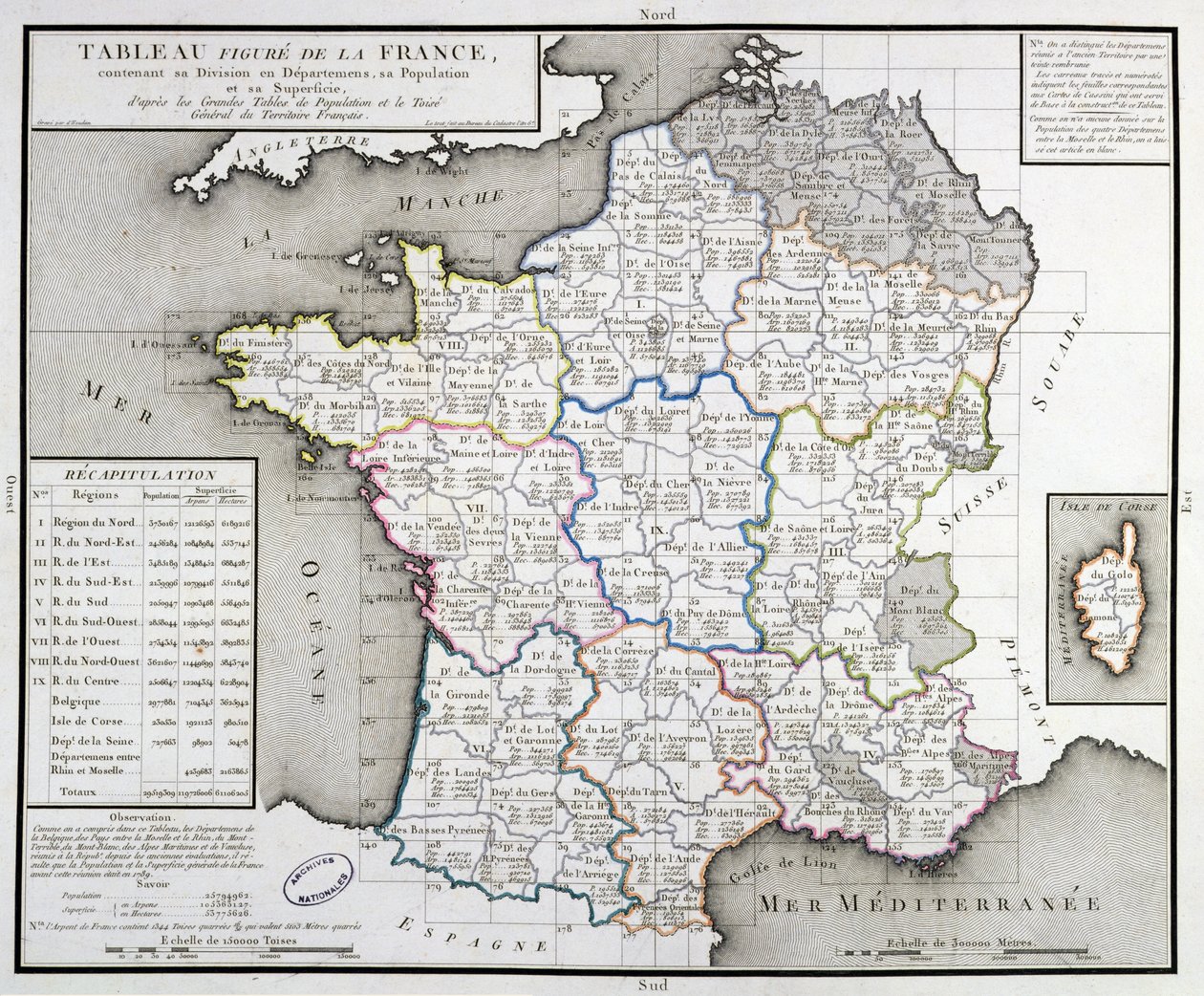 1798年に部門区分を描いたフランスの地図 作： ドウダン